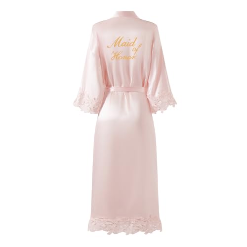 Image of Women's Long Bride Bridesmaid Robes with Lace Trim Embroidery Bridal Silky Satin Kimono Wedding Party Bathrobe