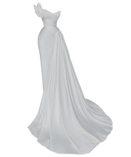 Zeeyecie Silver Strapless Beaded Prom Dresses for Women 2026 Satin Mermaid Ruched Long Evening Formal Ball Gowns with Train US2