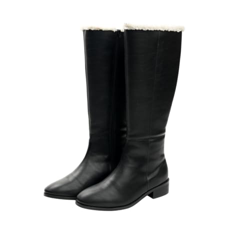 Image of Theater Women Huskies Knee-High Boots with Low Block Heel | Smooth PU Upper with Soft Fleece Lining | Comfortable Wear for Winter & Smart Casual Styling