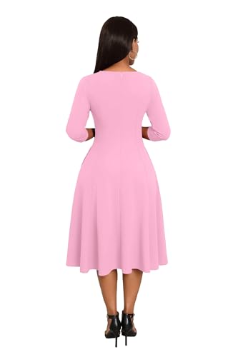 Image of Nmoder Midi Dresses for Women A-Line Fit and Flare Dress 3 /4 Sleeve V Neck Cocktail Wedding Guest Work Dress with Pockets