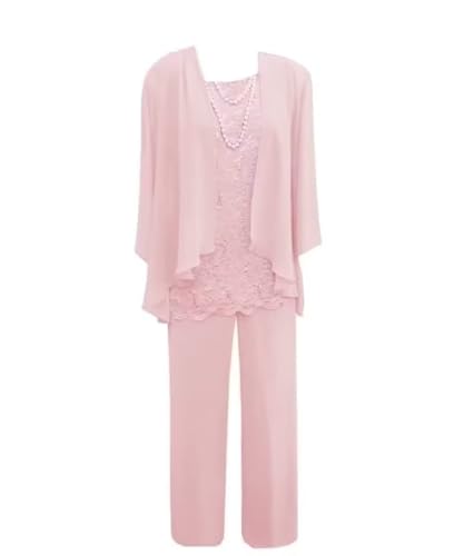 Mother of The Bride Pant Sets for Wedding with Sleeve 3 Pieces Chiffon Lace Mother of The Bride Pantsuits for Wedding Guest Pink-US 16