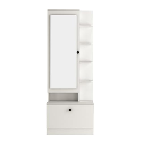 Image of DesignFit Bonita Engineered Wood Dressing Table with Mirror and Drawer | Closed and Open Storage Unit | Wooden Vanity Table for Bedroom, Living Room Furniture (Matte Moonshine White Finish)