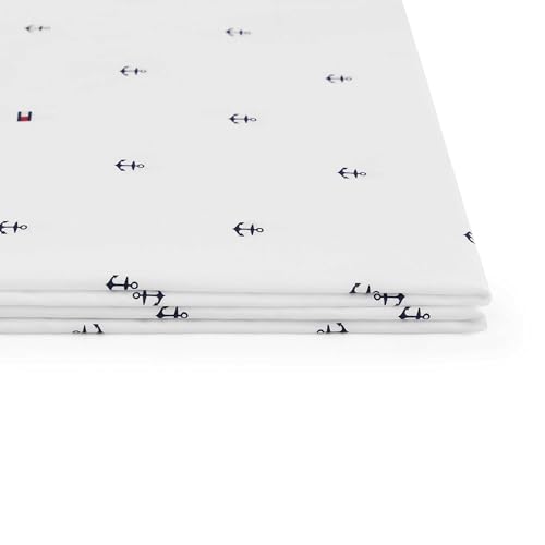 Image of Tommy Hilfiger - King Size Sheet Set, Soft Cotton Percale Bedding with Crisp Cooling Comfort, Deep Pocket Fitted Sheet with Matching Pillowcases, Americana Decor (Nautical Anchor Dark Blue)