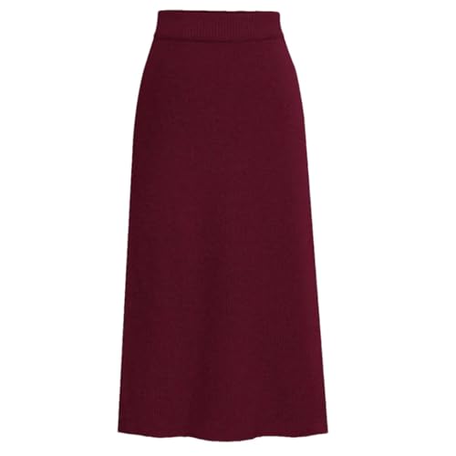 Falda de tubo de punto de invierno para mujer, falda de cintura alta, falda midi dividida, rojo vino, 3XL