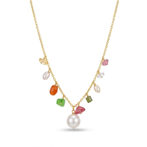 Pearl Colorful Gemstone Necklace for Women – Dainty Multicolor Crystal Beaded Pendant Chain Necklace, Elegant Layered Gold Necklace Jewelry for Party Gift
