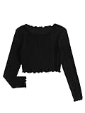 SheIn Damen Bauchfrei Oberteil Basic Langarmshirt Crop Top Rundkragen T-Shirt mit Wellensaum Schwarz S