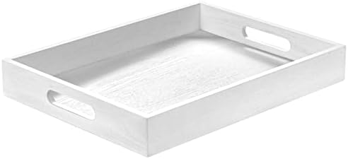 Wood Serving Tray with Handles, Home Decorative Wooden Rectangle Ottoman Decor Platter Vanity Tray for Breakfast Dinner Drinks Kitchen Dining Living Bathroom Restaurants White