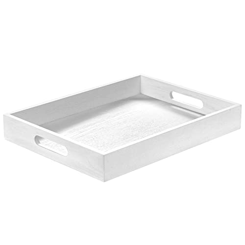 Wood Serving Tray With Handles, Home Decorative Wooden Rectangle Ottoman Decor Platter Vanity Tray For Breakfast Dinner Drinks Kitchen Dining Living Bathroom Restaurants White #TOP3