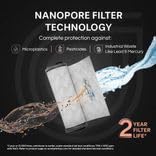 Diagram illustrating Nanopore Filter Technology, showing protection against microplastics, pesticides, and heavy metals like lead and mercury, with a 2-year filter life indication.