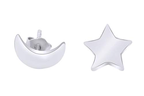 14K White Gold Over Sterling Silver Asymmetric Earrings Moon And Star Lovely Charm Stud Earrings Womens