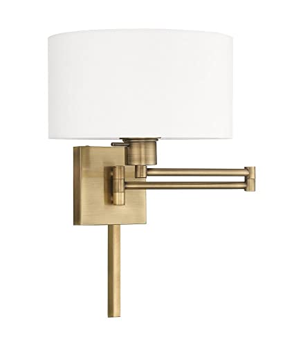Image of Livex Lighting 40036-01 1-Light Swing Arm Wall Light, Antique Brass | Off-White Fabric Shade