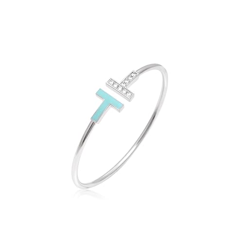 925 Sterling Silver T-Bar Bangle Bracelet for Women | Yellow, Rose & White Gold Plated Adjustable Cuff with Turquoise Enamel & Crystal Accents | Minimalist Fashion Jewelry Gift for Ladies