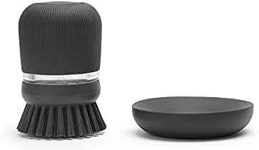 Brabantia Refillable Soap Dispensing Washing Up Brush (Dark Grey) Secure Grip Palm Brush with Storage Tray
