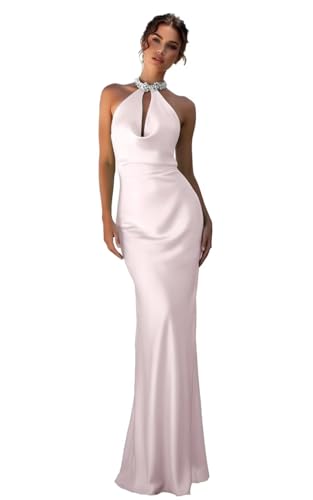 RYANTH Halter Blush Pink Bridesmaid Dresses for Wedding Satin Pleated Long Prom Dress Mermaid Beaded Formal Evening Gown Size 0
