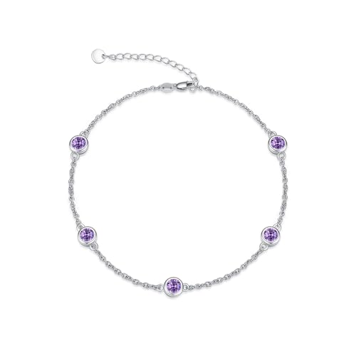 Image of Dorunmo Heart Birthstone Bracelets 925 Sterling Silver Round Birthstone Anklet for Women Birthday Jewelry Gifts for Girlfriend Wife Mother Her