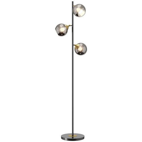 HOMCOM Lampada da Terra in Metallo ad Albero, Lampada per Soggiorno con 3 Paralumi in Vetro, Ø36x162 cm, Nero e Grigio