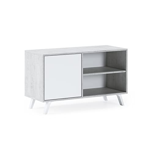 Skraut Home | Mueble de TV para Salón | 57 x 95 x 40 cm | Indicado para TV de 32/40" | Modelo Wind 100 | Cemento | Puerta Abatible Color Blanco Cover