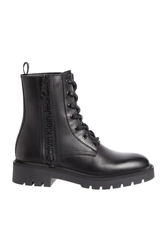 Calvin Klein Jeans Damen Mid Boot Stiefel Combat Mid Laceup Boot Zip Wn aus Leder, Schwarz (Triple Black), 40