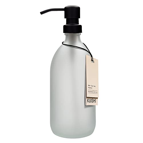 Kuishi Dispensador de jabón de vidrio blanco mate ámbar de 1000 ml con bomba negra, dispensador de vidrio reciclado ecológico, elegante herramienta de decoración de mostrador de baño y cocina Cover