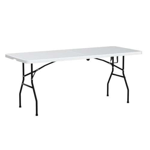 Plastic Folding Table 6ft Heavy Duty Foldable Utility Table with Carrying Handle for Camping Picnic BBQ Party Banquet Backyard, 500LBS Capacity, White