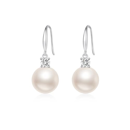 YAXUN Boucles d'oreilles Perles pour Femme en Argent Sterling 925 - Boucles d'oreilles Pendantes en Perle Blanc des 12mm avec Autrichien Cristal Diamant en...