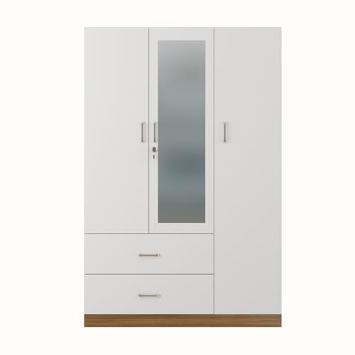 Image of VIKI Wardrobe | Wooden Almirah for Clothes,Door for Bedroom, 3 Door Wardrobe with Drawer, Mirror & Hanging Space (Brussel Walnut, Frosty White - 40D x 120W x 180H) | 1 Year Warranty | Free Assembly