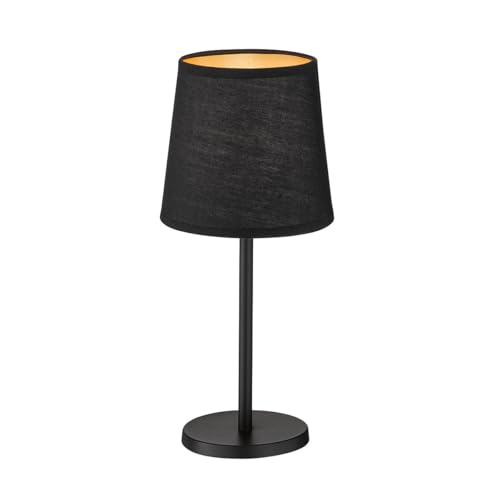 Fischer & Honsel Tischleuchte Rimini | sandschwarz matt| Stoffschirm schwarz Chintz innen goldfarben| H: 30 cm, D: 14 cm| mit Schnurschalter| 1x E14 max. 25 ohne Leuchtmittel