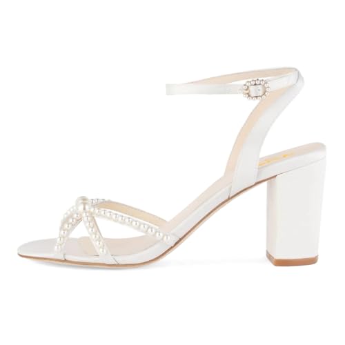 XYD Women Open Toe Strappy Pearl Block Heels Classic Ankle Strap with Buckle Dress Sandals Wedding Bridal Shoes2