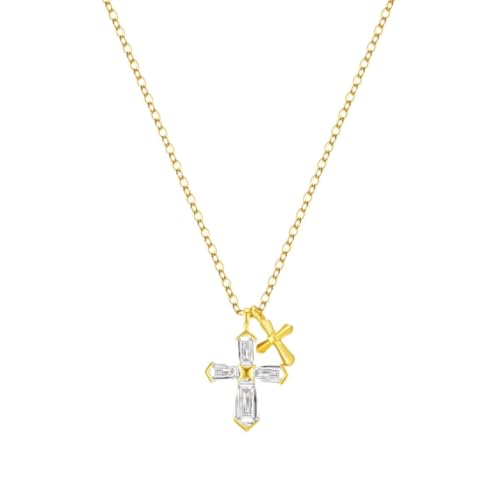 DEWEN 14K Gold Plated over 925 Sterling Silver with Sparkling Cubic Zirconia ‌Double Cross Necklace for Women, Gold Cross Necklace is Religious Couple's Christian Gifts for Women