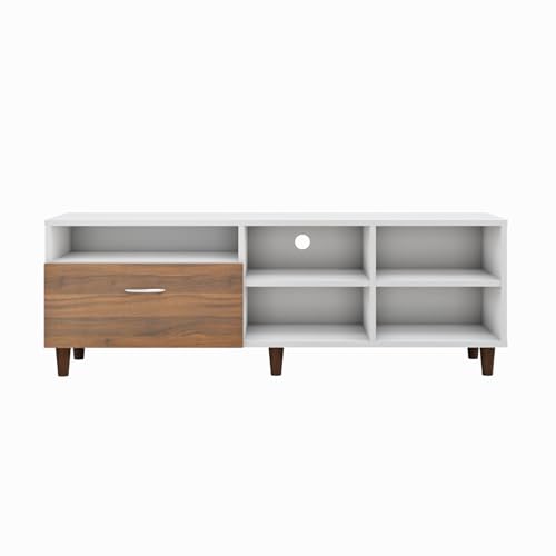 Image of VIKI Modern TV Unit for Living Room | Engineered Wood TV Cabinet with 1 Drawer Storage & 3 Open Shelves, S Entertainment Unit, 140W x 48H x 40D cm | DIY | 1 Year Warranty (White & Walnut)
