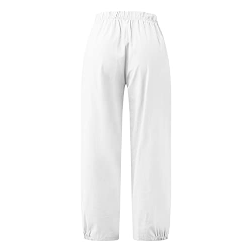 Womens Summer Casual Nine-Pants Loose-Fit Solid Color Elastic Waist Lace Up Comfy Cotton Linen Ankle-Length Trousers #TOP4