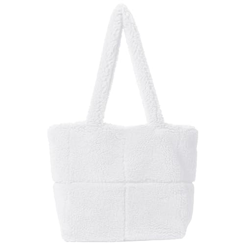 Fluffy Tote Bag, 16.5inch Soft Fluffy Bag, Large Capacity Fuzzy Shoulder Bag, Furry Purse for Women Girls (White)