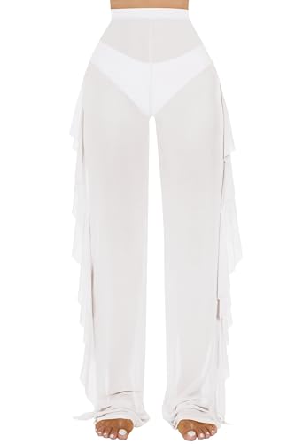 Image of Jumppmile Women's Ruffle Sheer Mesh Swimwear Bikini Cover Up Pants See Through