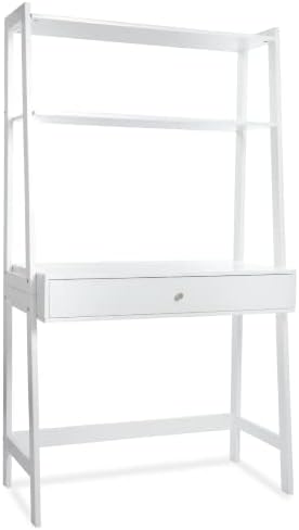 Milliard Ladder Desk with Storage, Freestanding Wall Computer Desk with Drawer and Shelves, White
