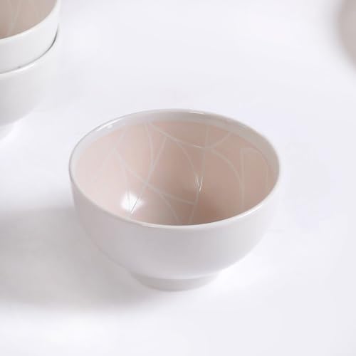 Nestasia Ceramic Bowls for Snacks - Dishwasher & Microwave Safe Bowl Set of 4 (325 ml), Geometric Art Deco Designed Serving Bowl Set for Soups, Treates, Desserts, Sweets, Dal & Sabji (Pink)