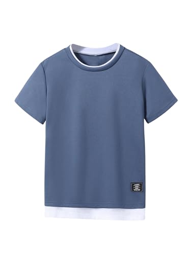 SweatyRocks Boy's 2 in 1 T Shirts Crew Neck Letter Patched Short Sleeve Summer Tops