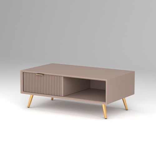 Image of ONIJA Modern Coffee Table for Living Room | HDMR Premium Wood Center Table with Storage Shelf | Matte Finish Coffee Table | Wooden Tea Table with Sturdy Legs (Mocha Beige)