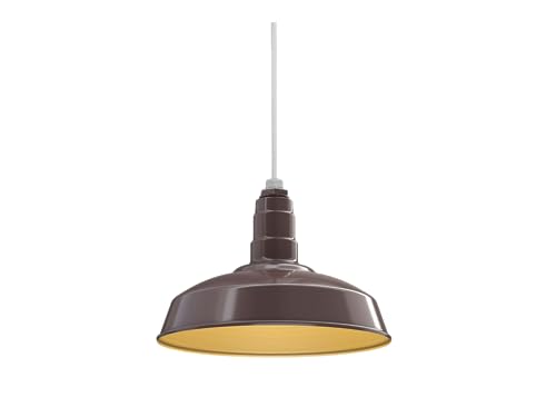 Image of Steel Lighting Co. Carson Barn Light | Ceiling Mounted Pendant | 16 inch Dome | White Cord | Industrial Style Steel Light Made in America | Dark Bronze Exterior /Brass Interior