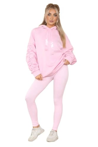HUBIBUBI Women's Ruched Sleeve Oversized Hoodie Ladies Ribbon Hoodie Jumper top Sizes 8-22 (UK, Numeric, 16, 18, Regular, Regular, Baby Pink)