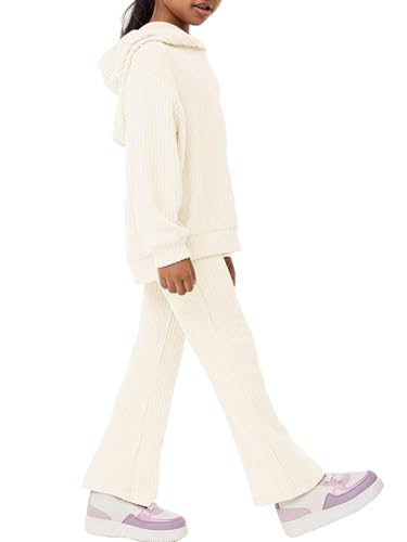 Image of Haloumoning Girls 2 Pieces Outfits Ribbed Knit Hoodies Flare Pants Sweatshirts and Sweatpants Kids Tracksuits 4-14 Years