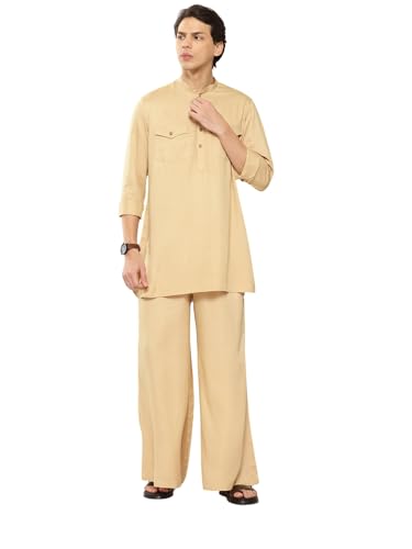 Image of See Designs Men's Long Sleeve Curved Hem Mandarin Collar Rayon Solid Pathani Sets