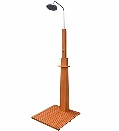 Außendusche aus Holz und Stahl mit Eukalyptusständer und Plattform, Erfrischende Dusche Im Garten oder Am Pool, Einfach an den Gartenschlauch Anzuschließen, Verstellbare