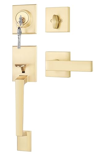Goldenwarm Front Door Handle and Deadbolt Set Gold Front Door Lock Set with Reversible Handle Lever Modern Front Door Hardware Front Door Handles and Locks