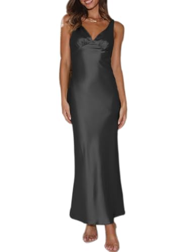 Image of VUBIYA Women's Summer Satin V Neck Backless Maxi Dress Wedding Guest | Open Back Tie-Back, Low Back Sleeveless, Formal Bridesmaid, Elegant Cocktail, Vacation Beach, Date Night and Party