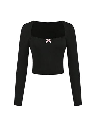 Floerns Girl's Bow Long Sleeve T Shirts Lace Trim Square Neck Fitted Cute Tee Tops