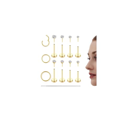 CASSIECA 14K Gold Filled Flat Back Nose Studs For Women Men Hypoallergenic Surgical Steel Nose Rings Hoops- Threadless Flat Back Earrings Helix Cartilage Tragus Conch CZ Stud Labret Lip Nostril Septum Ring Body Piercing Jewelry 20G 18G 16G