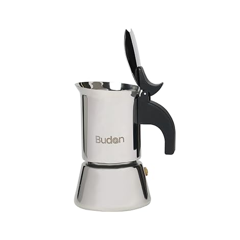 Image of Budan Moka Pot 2 Cup Stainless Steel Espresso Maker | Stovetop Coffee Maker | Works on Gas, Induction & Electric Stove | Durable Steel Body