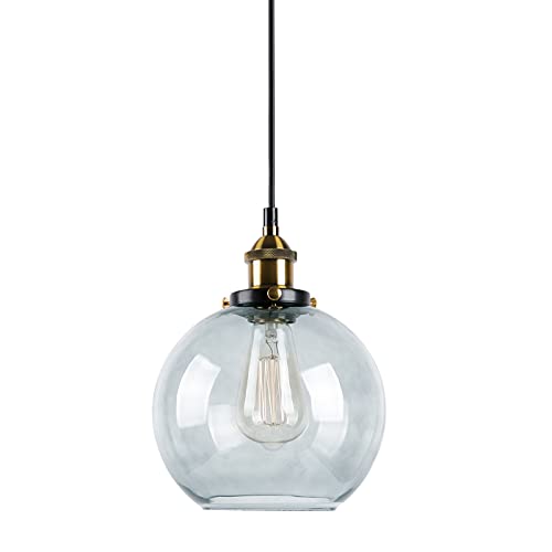 Huahan Haituo Suspension en Verre Vintage Industriel Métal Finition Boule de Verre Transparent Abat-Jour Rond Loft Suspension Rétro Plafonnier Lampe Vintage(Gris fumée,25CM)