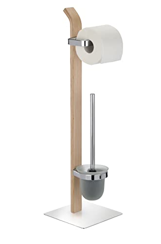 WENKO Stand WC-Garnitur Samona Nature, moderner Ständer für Toilettenpapier & Toilettenbürste, inkl. WC-Bürste mit auswechselbarem Bürstenkopf, Holz mit Chrom-Akzenten, 20...