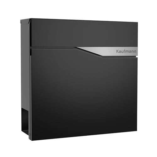 Forgard Briefkasten Schwarz mit Zeitungsfach (RAL9005) personalisiert aus Zinkstahl mit Familienname inkl. Montageset TRELLEBORG